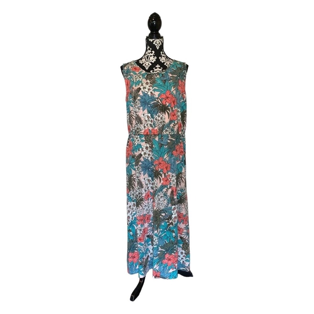 Talbots Maxi Dress Women XLP Floral Tropical Sleeveless Knit Stretch Beach Resor